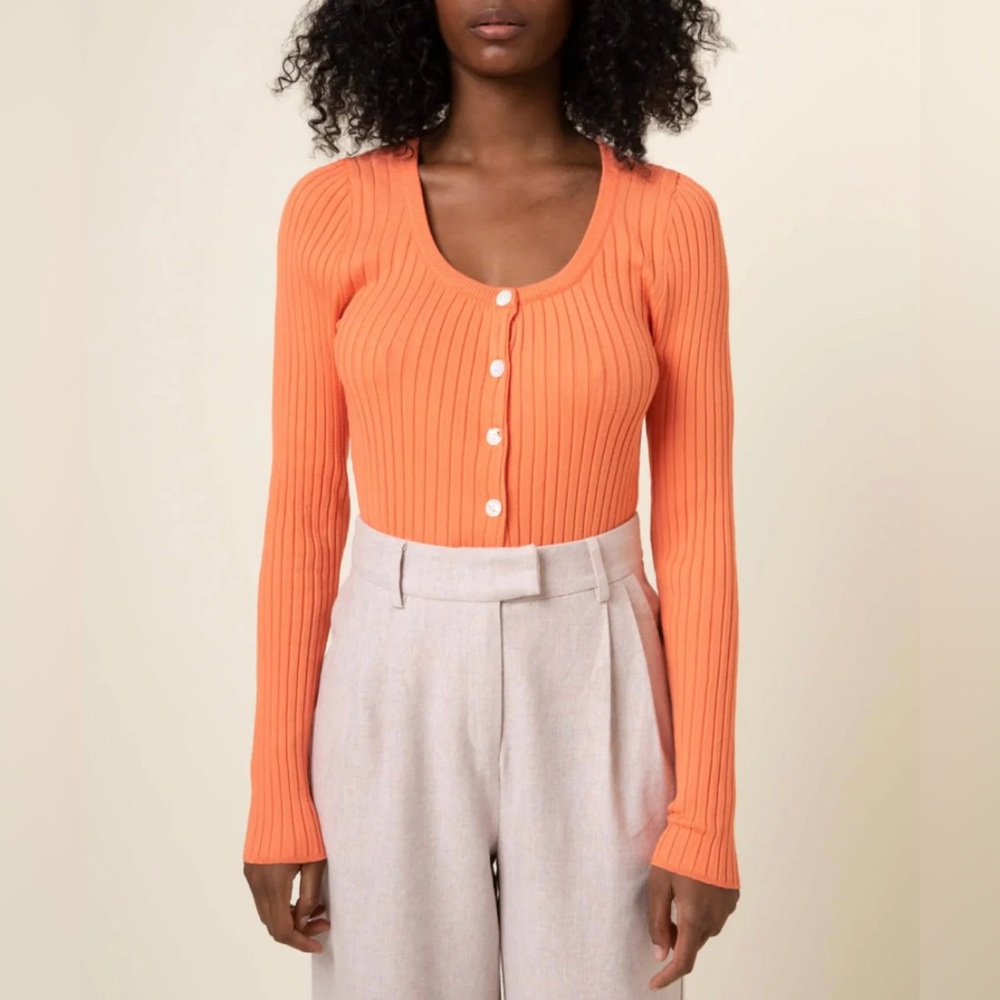 FRNCH Samantha Knit Cardi Ribbed Button-Front‎ Scoop Neck Top - Coral Orange